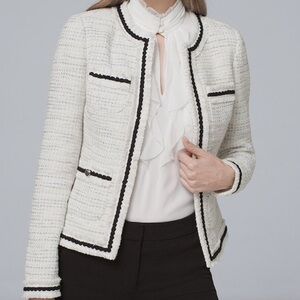 White House Black Market Petite Black White Tweed Blazer Fringe